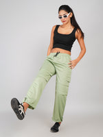Load image into Gallery viewer, Sage Green Ribbed Straight-Fit Cargo Pants – Casual Comfy Women’s Bottomwear