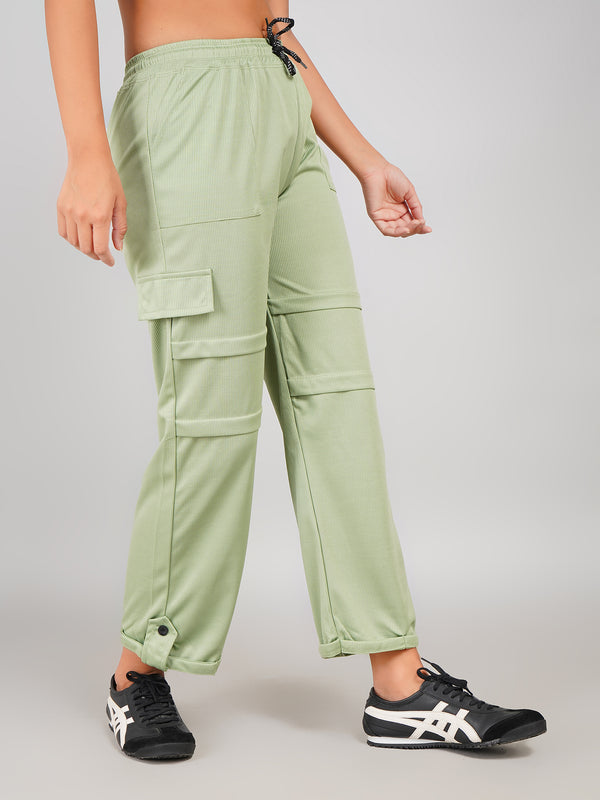 Sage Green Ribbed Straight-Fit Cargo Pants – Casual Comfy Women’s Bottomwear