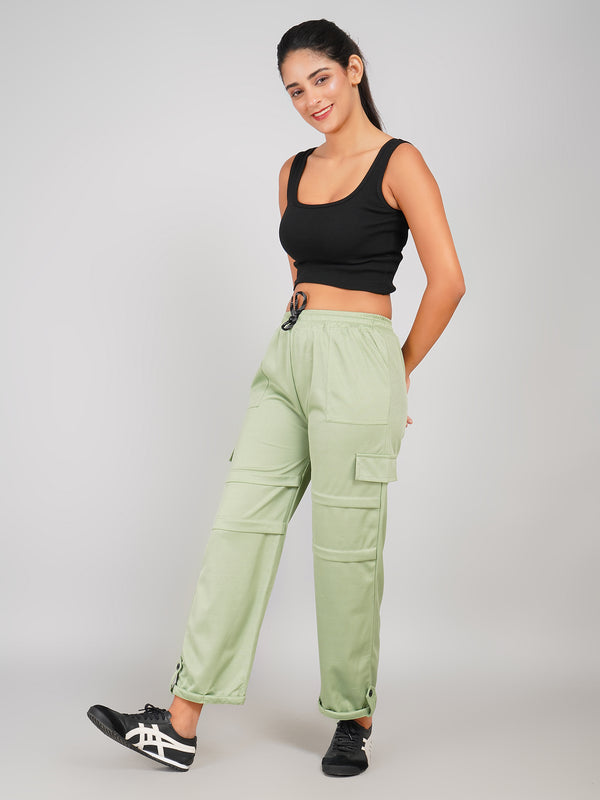 Sage Green Ribbed Straight-Fit Cargo Pants – Casual Comfy Women’s Bottomwear