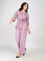 Load image into Gallery viewer, Lavender Waist-Tie Shirt & Straight Pant Co-ord Set with Light Flower Print