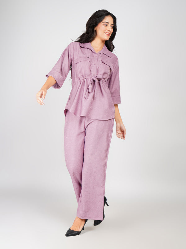 Lavender Waist-Tie Shirt & Straight Pant Co-ord Set with Light Flower Print