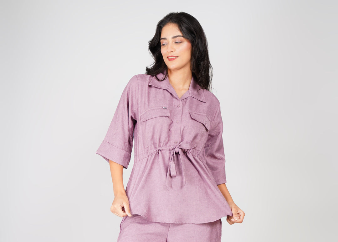 Lavender Waist-Tie Shirt & Straight Pant Co-ord Set with Light Flower Print