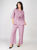 Load image into Gallery viewer, Lavender Waist-Tie Shirt & Straight Pant Co-ord Set with Light Flower Print