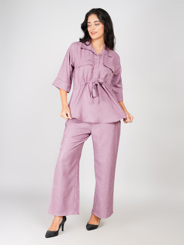 Lavender Waist-Tie Shirt & Straight Pant Co-ord Set with Light Flower Print
