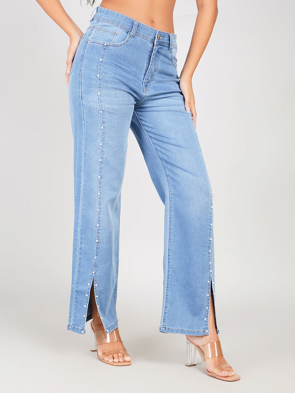 Straight Fit Stretch Denim Jeans with Pearl Studs & Stylish Split Hem