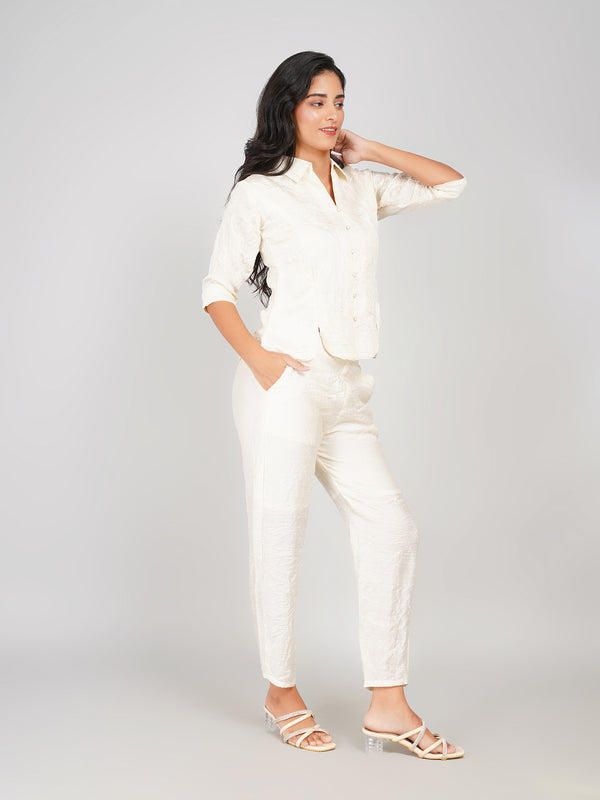 Elegant Textured Top & Pant Co-ord Set for Women (Ivory -Off-White)
