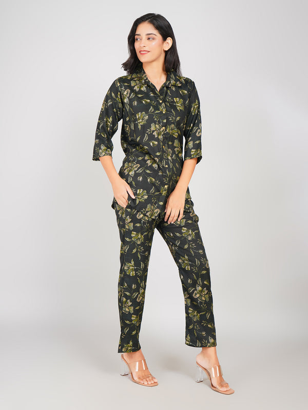 Floral Printed Top & Pant Co-ord Set for Women (Olive Green)