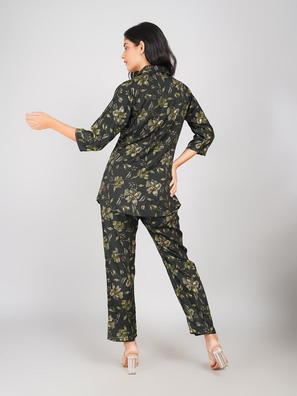 Floral Printed Top & Pant Co-ord Set for Women (Olive Green)
