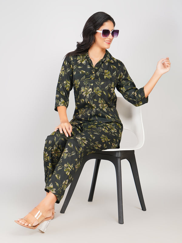 Floral Printed Top & Pant Co-ord Set for Women (Olive Green)