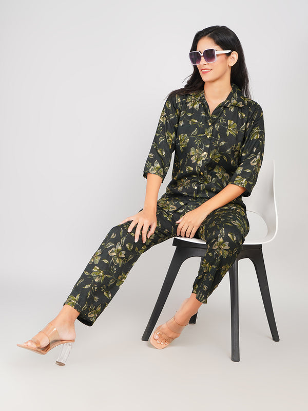 Floral Printed Top & Pant Co-ord Set for Women (Olive Green)