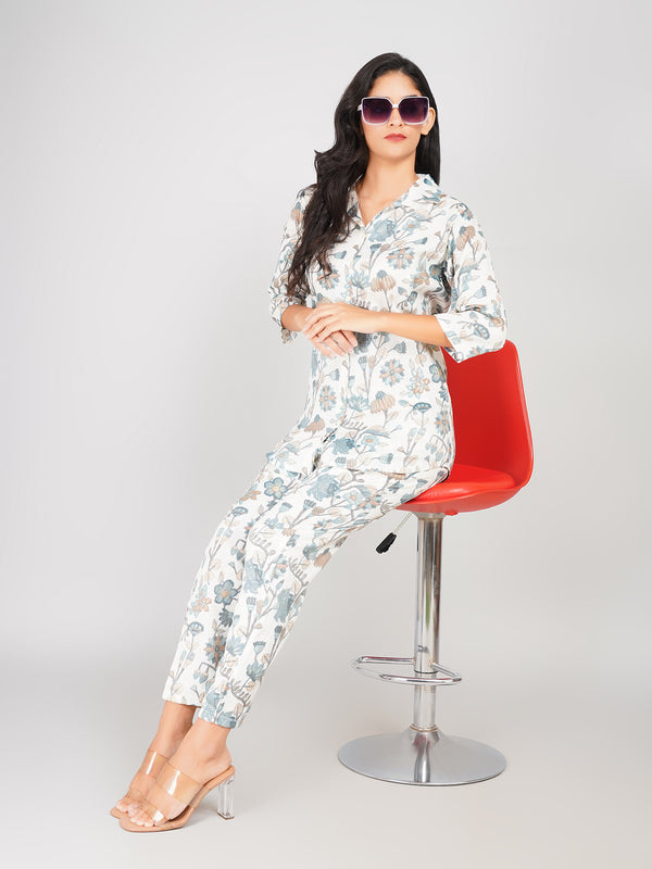Floral Printed Top & Pant Co-ord Set for Women (Ivory Multi)