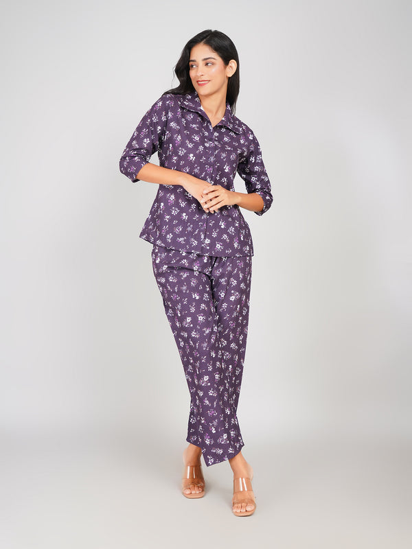 Floral Printed Top & Pant Co-ord Set for Women (Deep Purple)