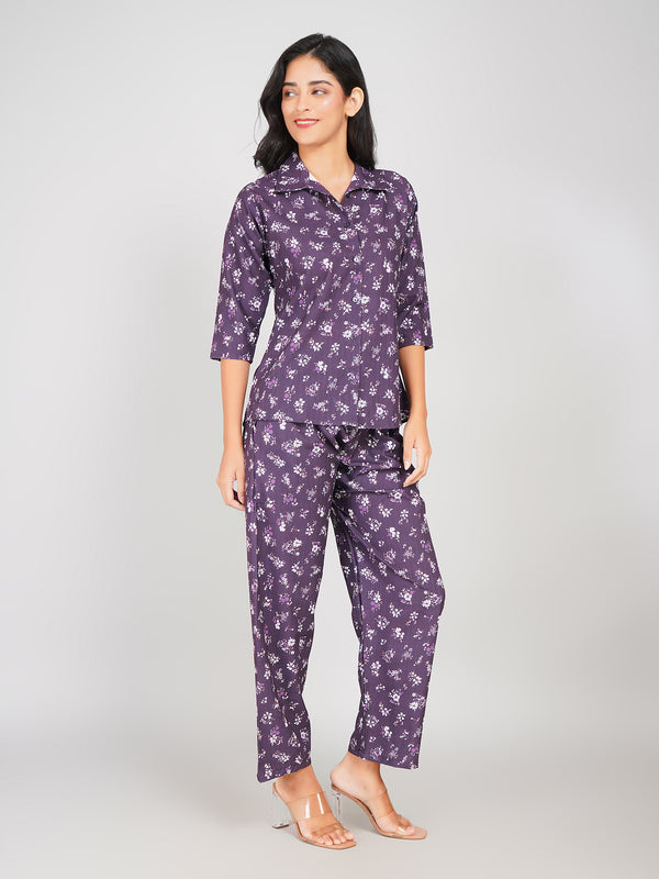 Floral Printed Top & Pant Co-ord Set for Women (Deep Purple)