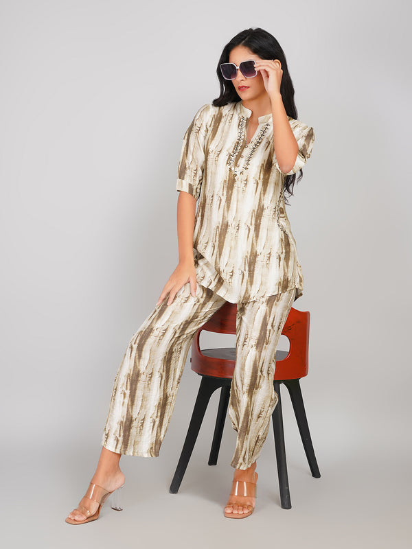 Abstract Brush-Stroke Co-ord Set for Women (Beige & Olive)