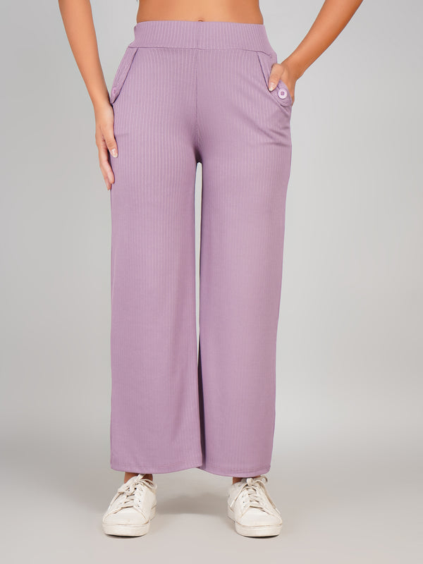 Casual Ribbed Wide-Leg Trouser Pants (Lilac Purple)