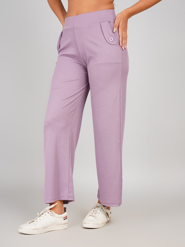 Casual Ribbed Wide-Leg Trouser Pants (Lilac Purple)