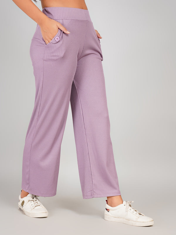 Casual Ribbed Wide-Leg Trouser Pants (Lilac Purple)