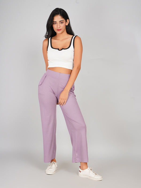 Casual Ribbed Wide-Leg Trouser Pants (Lilac Purple)