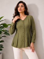 Load image into Gallery viewer, Shop Olive Green Lace Trim V Neck Top -PRAVtown