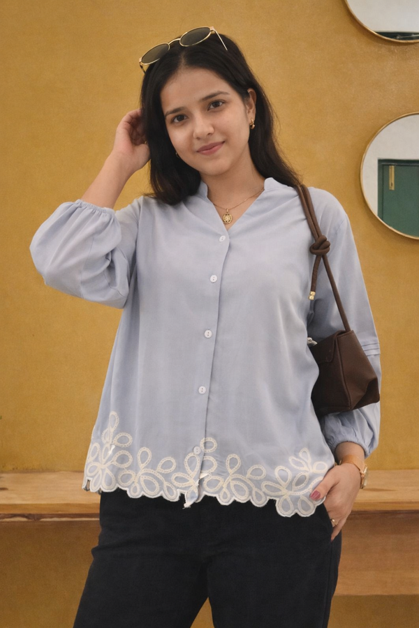 Shop women light grey button down top lace hem