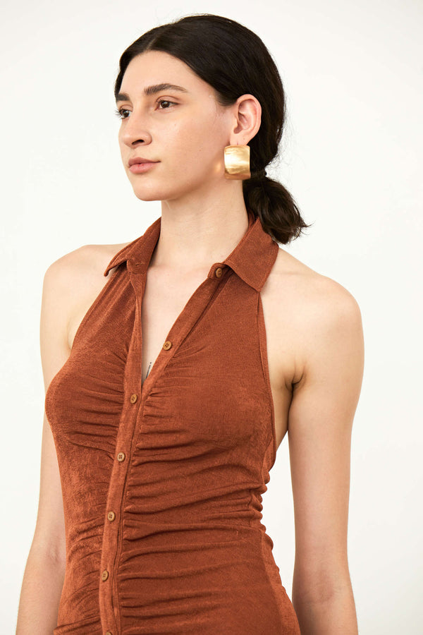 Shop for Sleeveless brown bodycon shirt dress with button front