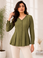 Load image into Gallery viewer, Stylish Olive Green Lace Trim V Neck Top - PRAVtown