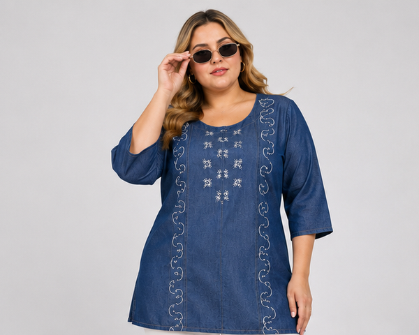 Stylish Plus Size Embroidered Denim Tunic Top for Women