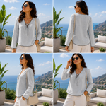 Load image into Gallery viewer, Trendy Blue Grey Scallop Trim Tie-Neck Top for Women - PRAVtown