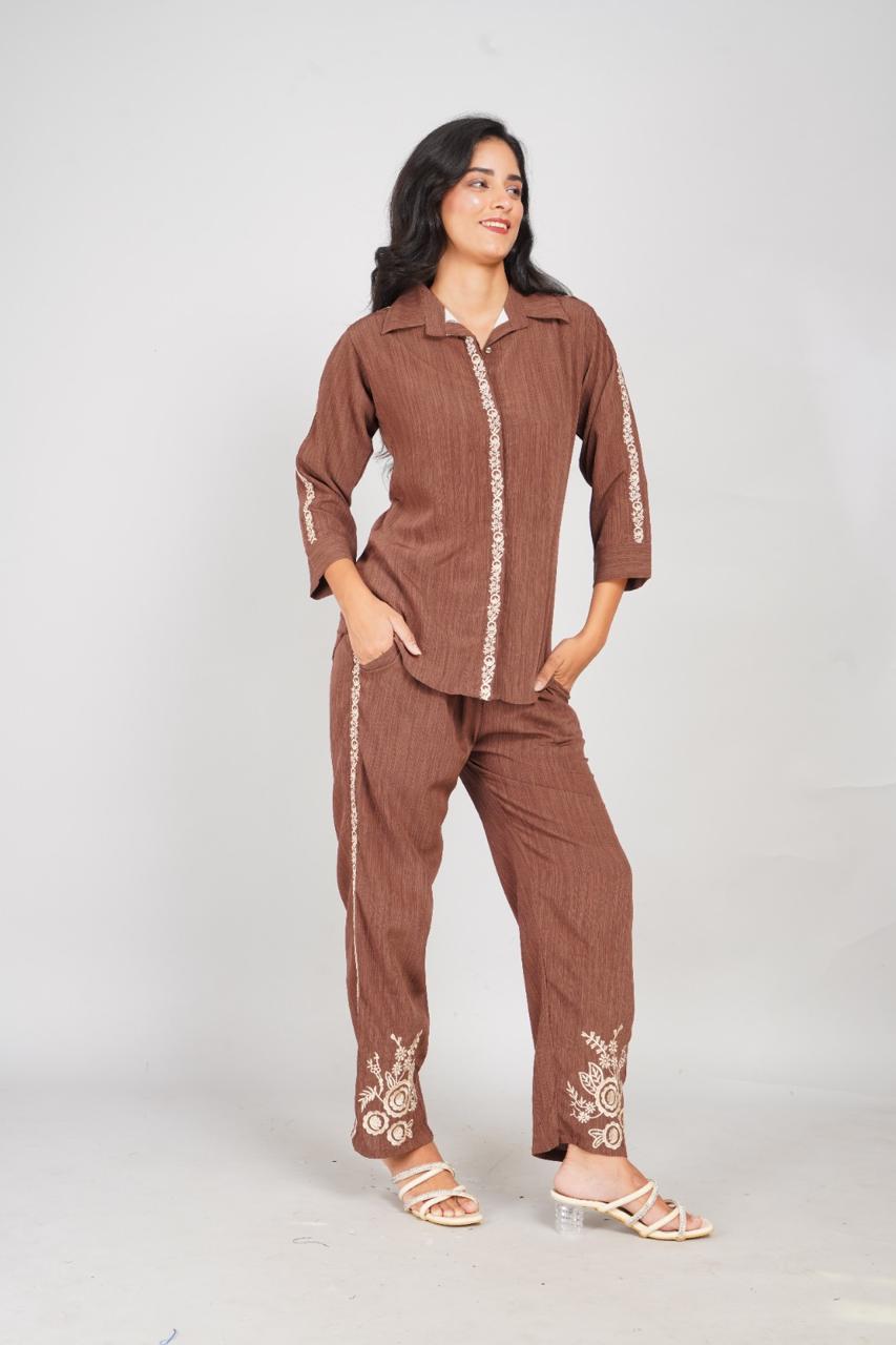 Brown Embroidered Cotton Co-ord Set for Women