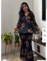 Load image into Gallery viewer, Black Floral Co-Ord Set Georgette with Sheer Sleeves