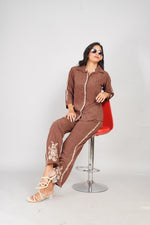 Load image into Gallery viewer, Brown Embroidered Cotton Co-ord Set for Women