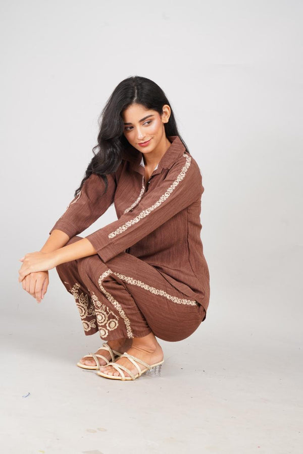 Brown Embroidered Cotton Co-ord Set for Women