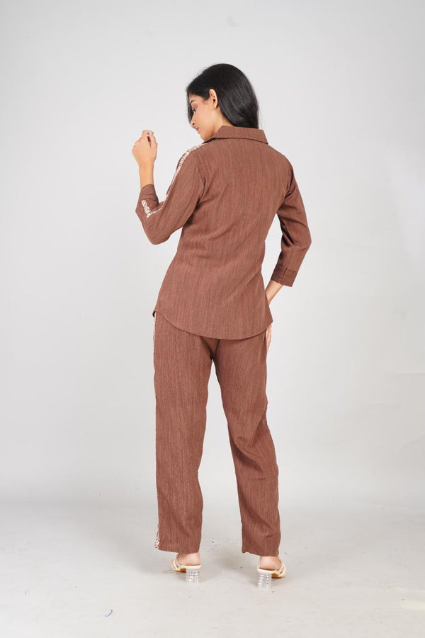 Brown Embroidered Cotton Co-ord Set for Women