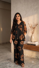 Load image into Gallery viewer, Black Floral Co-Ord Set Georgette with Sheer Sleeves