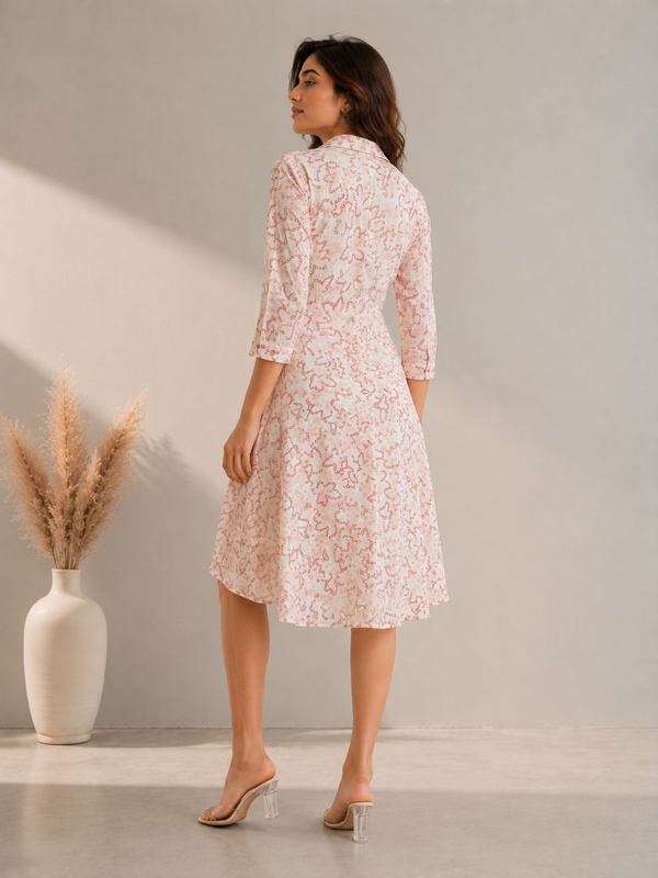 Women's Cotton Blend Geometric Print Midi Dress with Shirt Collar - PRAVtown
