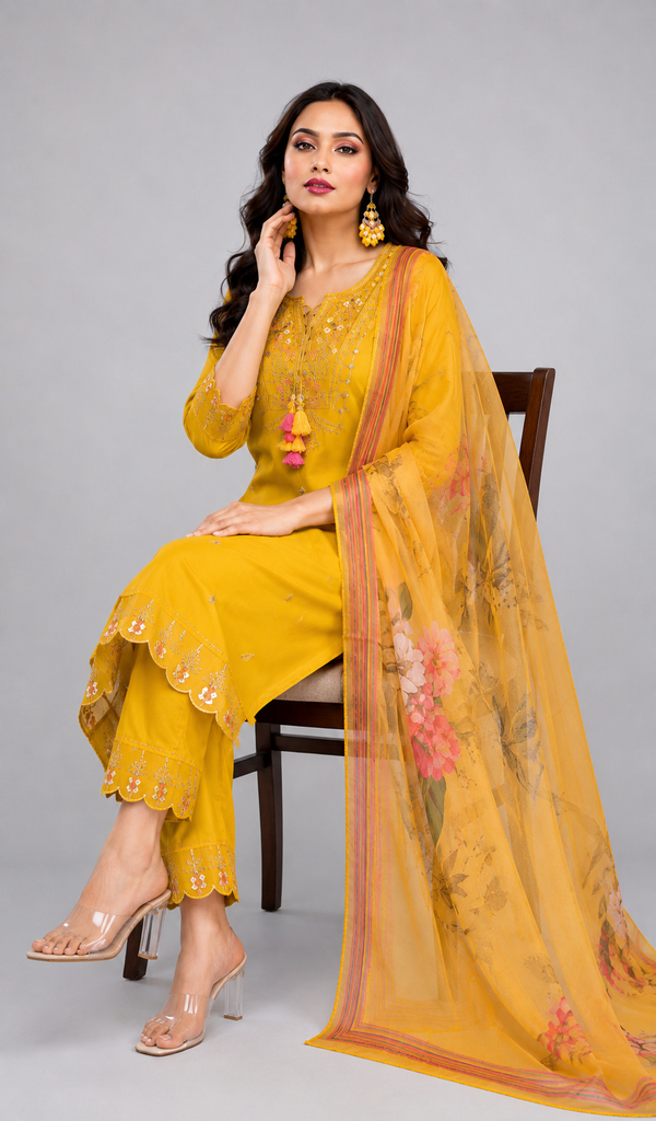 Yellow embroidered 3-piece ethnic suit with digital print dupatta - PRAVtown