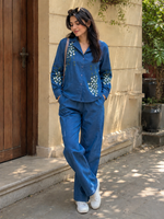 Load image into Gallery viewer, Blue Embroidered Denim Coord Set for Women