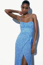 Load image into Gallery viewer, blue floral midi dress for women slit design