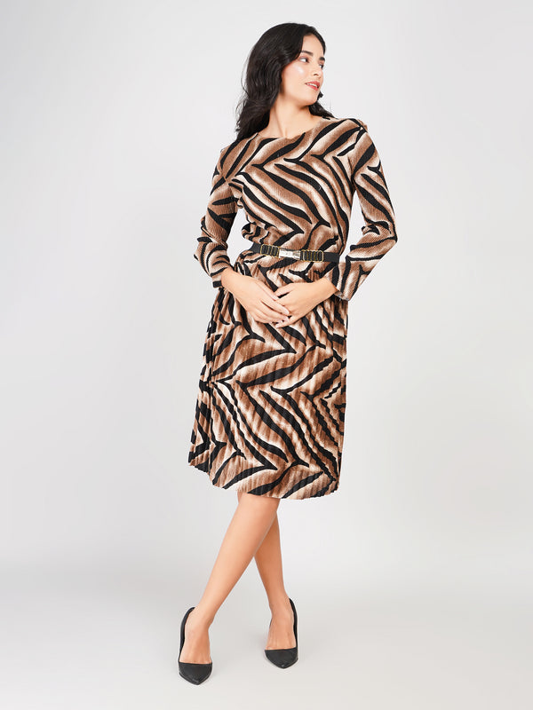 brown zebra print midi dress for women