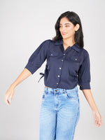 Load image into Gallery viewer, button-up shirt for women with puff sleeves and tie accent