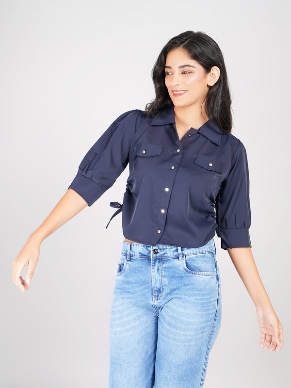button-up shirt for women with puff sleeves and tie accent