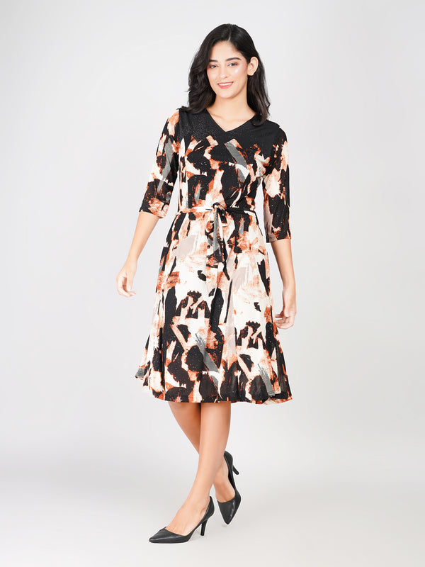 trendy abstract print dress women midi length