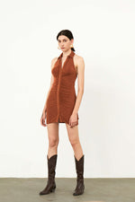 Load image into Gallery viewer, buy Brown ruched halter neck mini bodycon dress for women