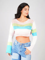 Load image into Gallery viewer, colorful crochet knit crop top with long sleeves and round neck
