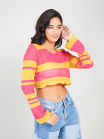Load image into Gallery viewer, crochet knit round neck crop top for women with flared sleeves