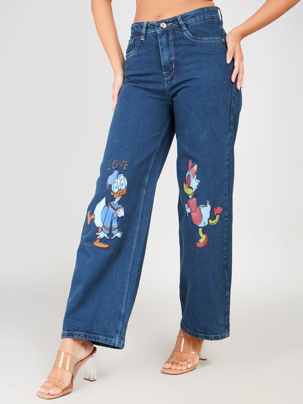 dark blue cartoon print wide leg jeans women