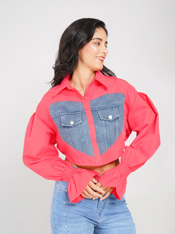 denim heart patch panel crop shirt with smocked puff sleeves