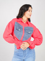 Load image into Gallery viewer, fashionable denim heart patch crop shirt with smocked detailing