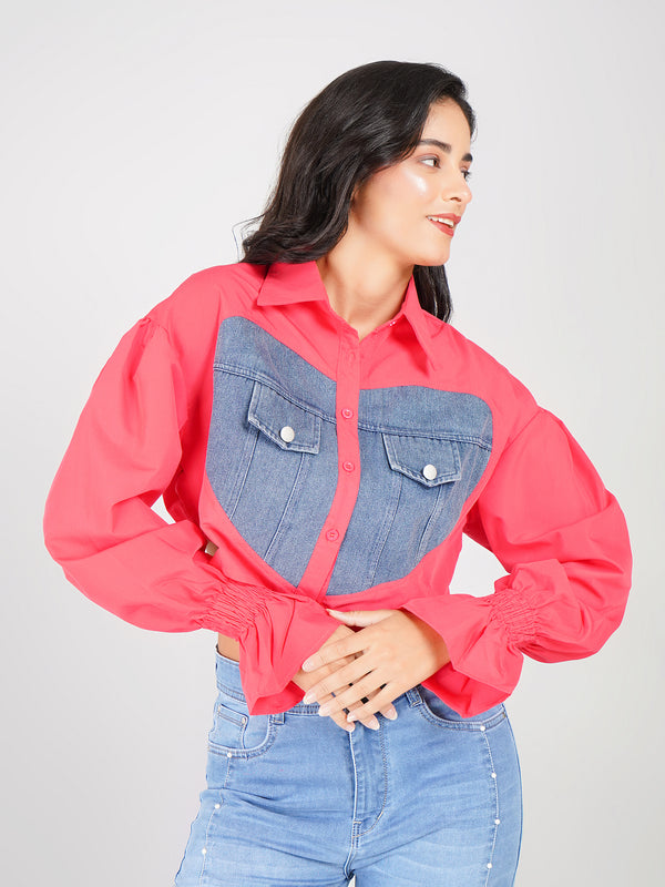fashionable denim heart patch crop shirt with smocked detailing
