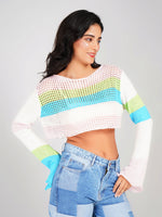 Load image into Gallery viewer, multicolor crochet knit crop top for women with long sleeves